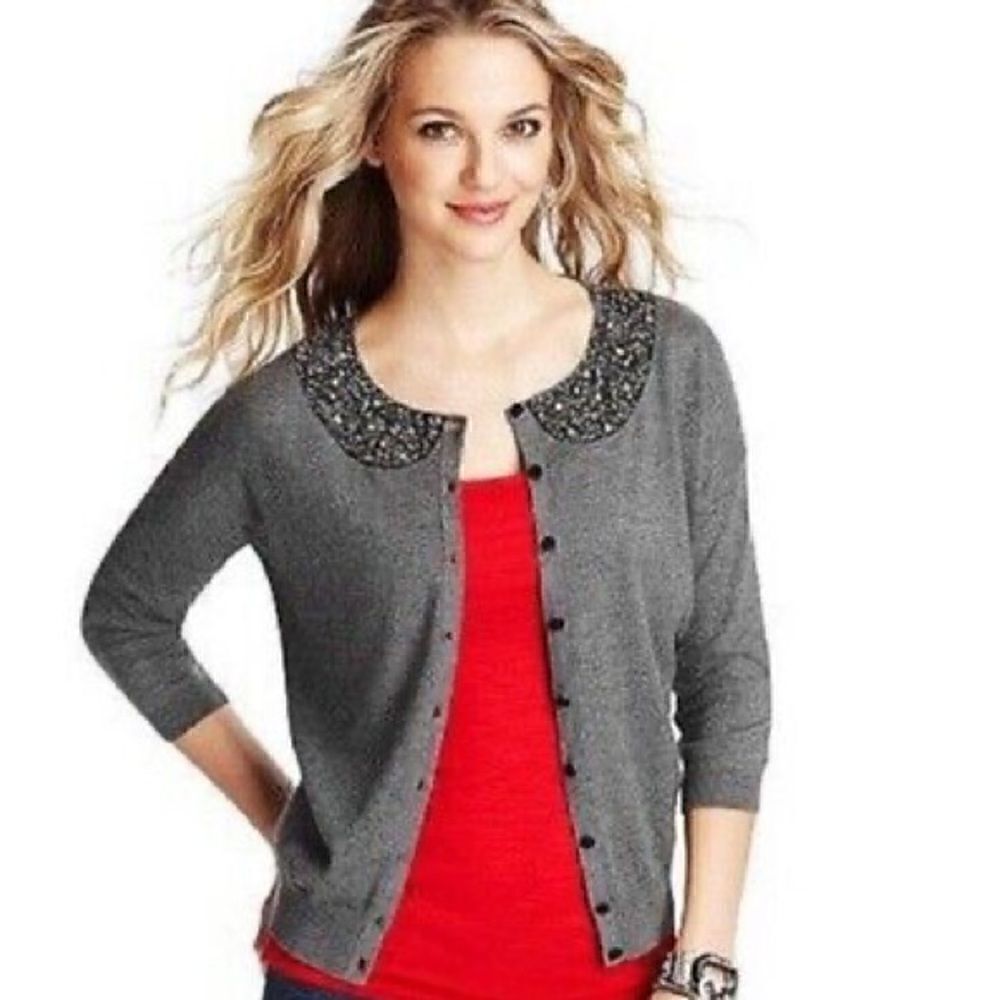 LOFT Size Small Gray 3/4 Sleeve Sequin Collar Button Down Cardigan Sweater